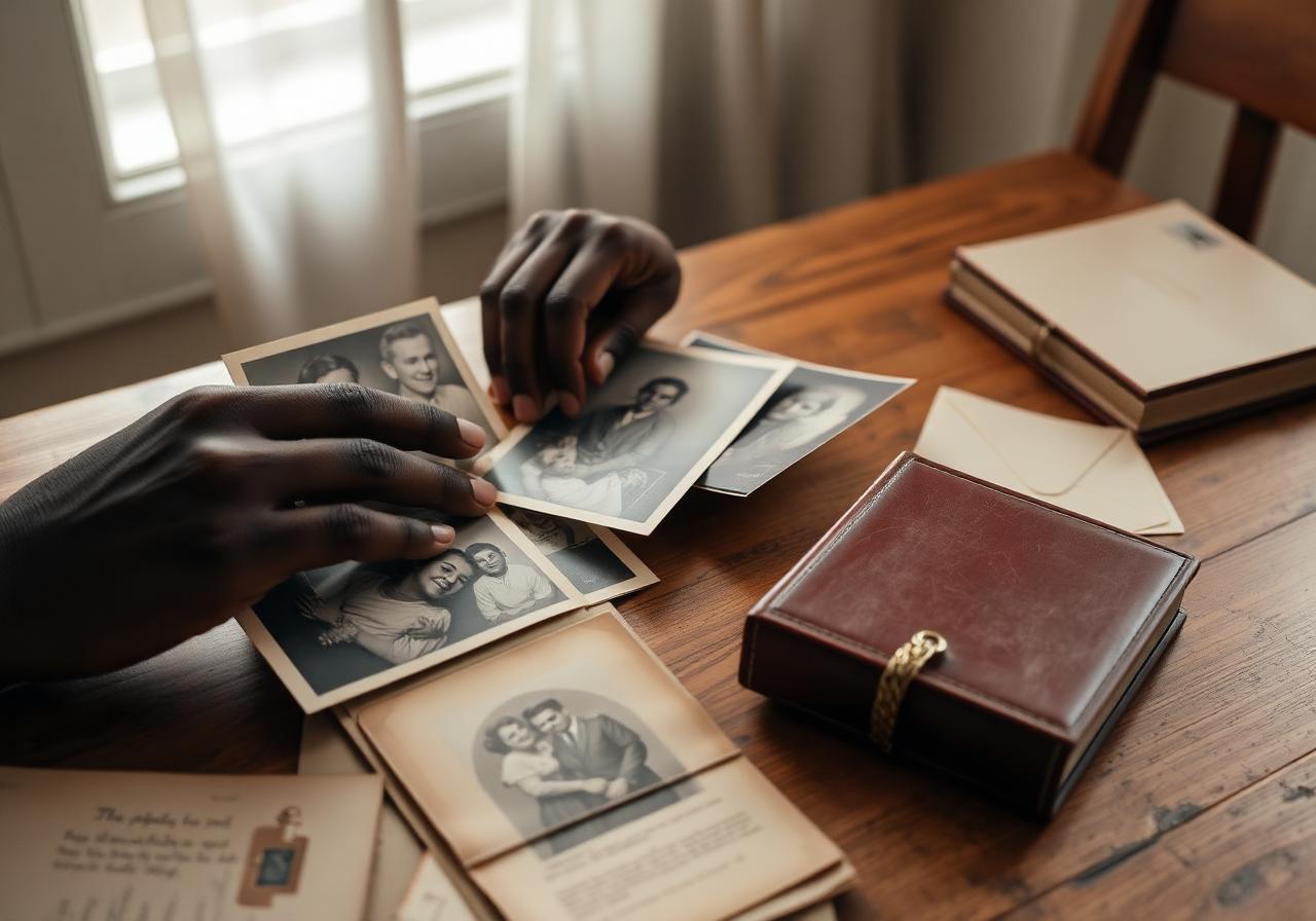 Family archive with letters, photographs, and a leather journal